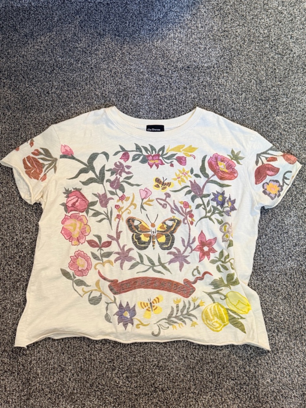 Free People Cream Tee with Multicolor Floral & Butterfly Print